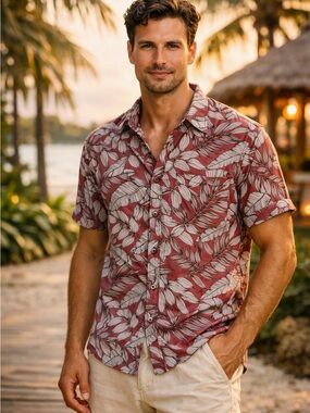 Casual Short-Sleeve Leaf Print Button-Down Shirt - Red